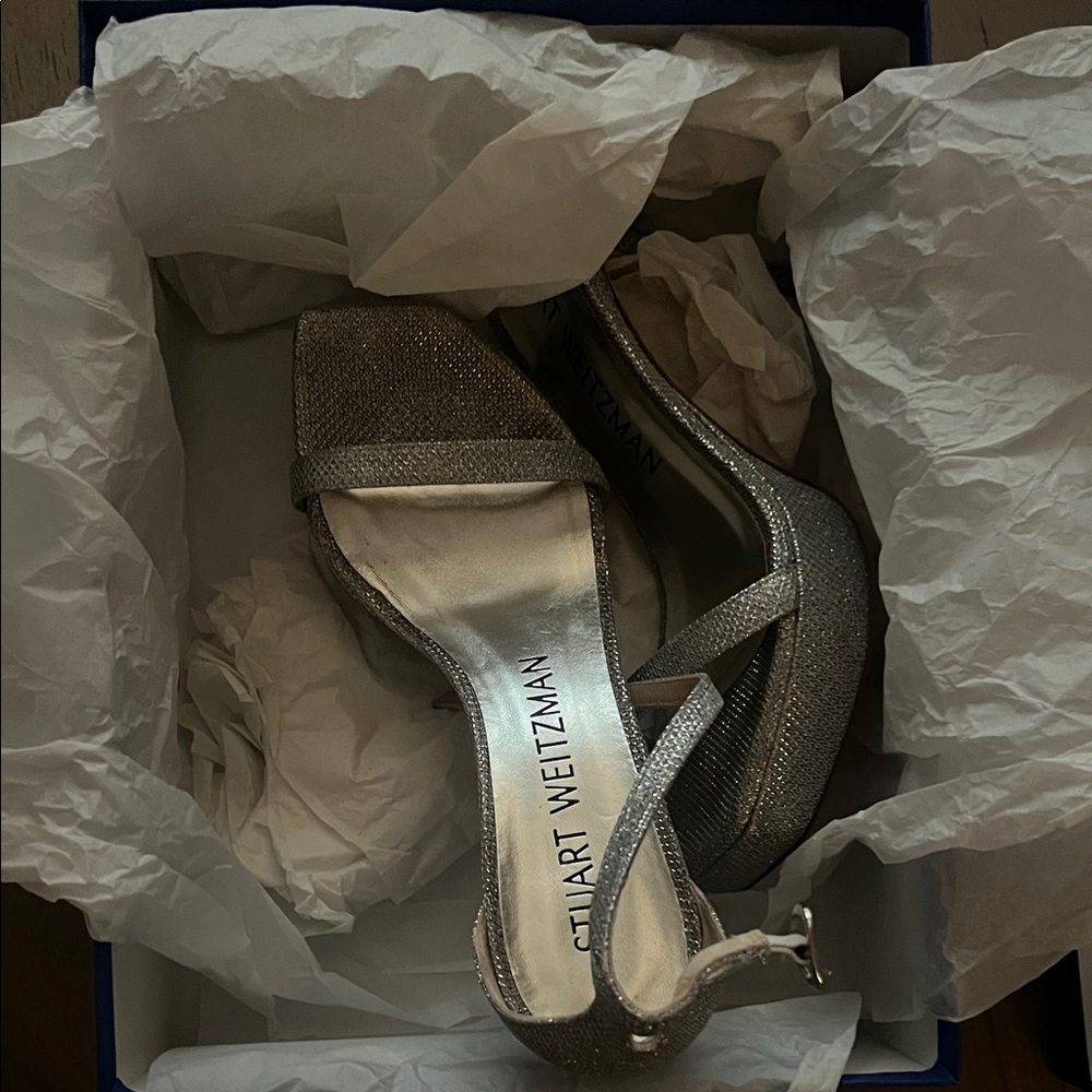 Stuart Weitzman platform strappy Silver Heels 8B - image 1